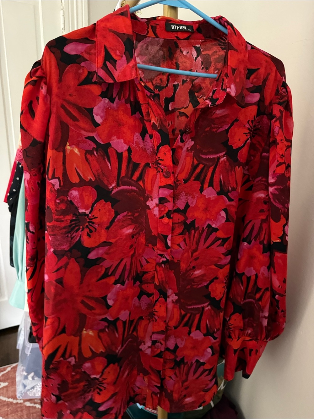Vibrant Red Floral Button-Front Blouse by BTFBM